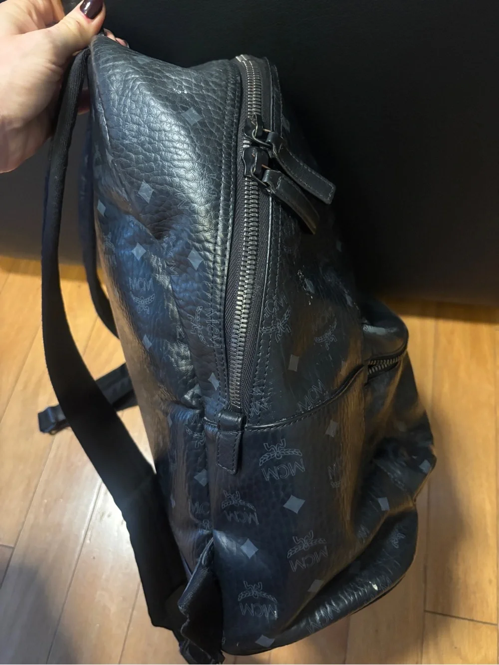 MCM Black Logo-Print Leather Backpack